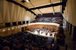 The King Center Concert Hall with orchestra and choir on stage